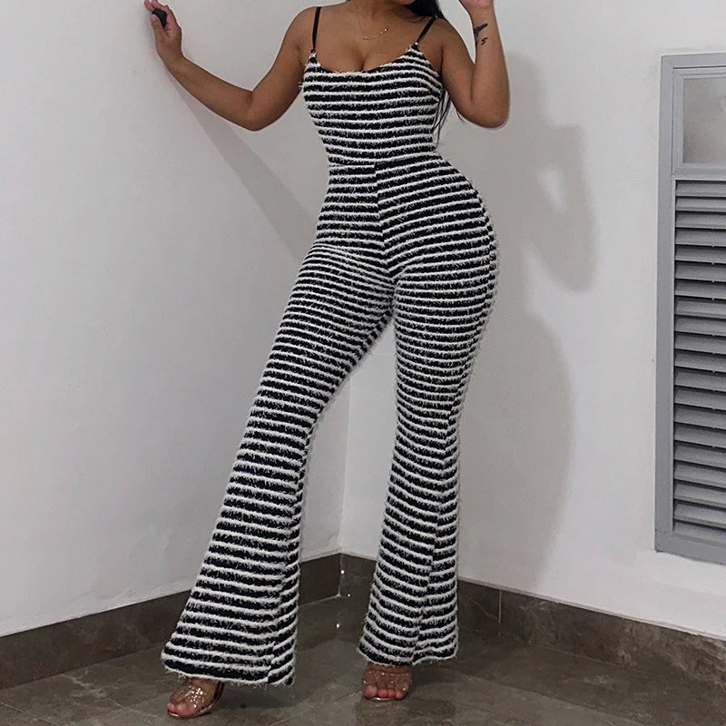OMSJ New Style Backless Jumpsuits For Women Sexy Camisoles High Waist Hip Lifting Striped One-piece Rompers Flare Pants Clubwear