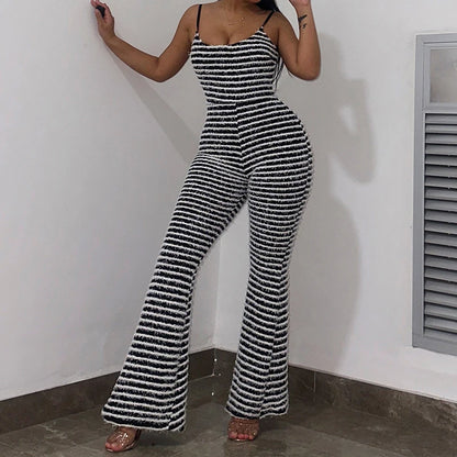 OMSJ New Style Backless Jumpsuits For Women Sexy Camisoles High Waist Hip Lifting Striped One-piece Rompers Flare Pants Clubwear