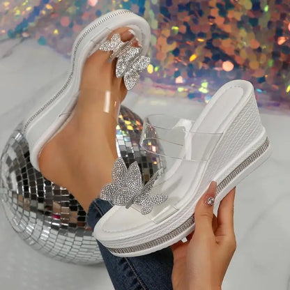 Luxury Silver Glitter Bowknot Slides Transparent Pvc Strap Chunky Platform Wedge Heels Slippers Sexy Party Dress Sandals Size 43