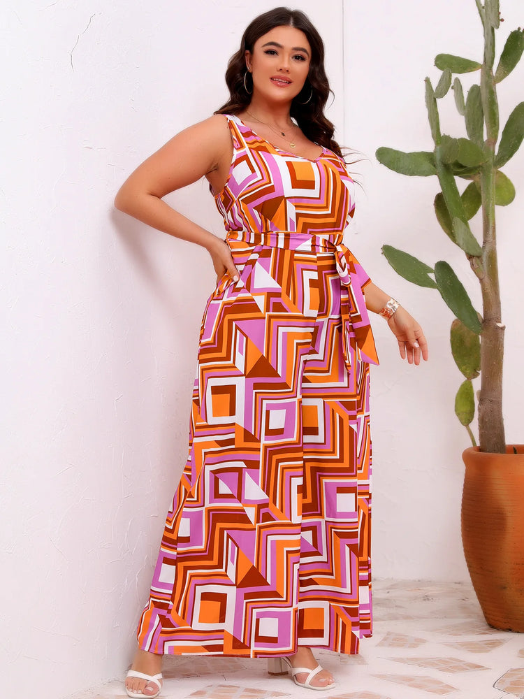 2026 Casual Print Plus Size Long Jumpsuit Women Summer Sleeveless Vacation Beachwear Lady Elegant Tank Pleated Bohemian Jumpsuit