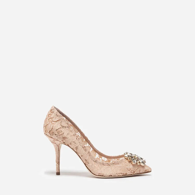 Mesh lace high-heeled shallow mouth shoes 2026 new pointed crystal buckle slim heel fashionable banquet women's single shoes