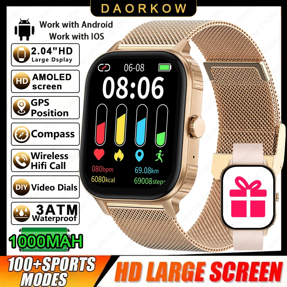 2026 1000mAh Large Battery 2026 New 2.04" HD Display Health Monitor Smart Watch Bluetooth Call IP68 Waterproof Sports Smartwatch