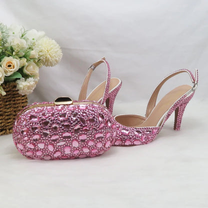 Fashion Sling-back Pink Bling Pointed Toe Wedding Shoes and bag Woman High Pumps Thin Heel Party Shoes Slingbacks Shoe Bag Set