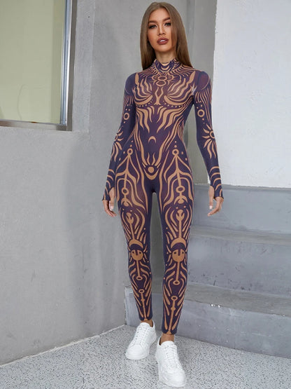 Sisterlinda Sexy Fashion Print Jumpsuits Woman Turtleneck Full Sleeve See Through Skinny Peach Hip Street Wild Style Overalls