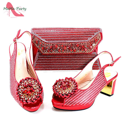 Mature Italian Women Shoes Matching Bag Set in Green Color 7 CM Comfortable Heels with Plaform Elegant Peep Toe Sandals