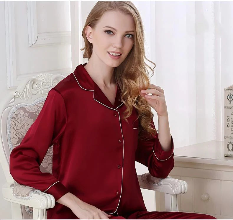 100% Mulberry Silk Pajamas Set for Women Long Sleeve Sleepwear Spring Summer Breathable Lounge Robe Comfortable Cool Silk