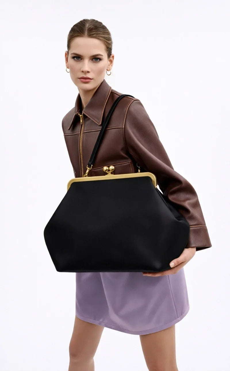 2026 Retro Leather & Straw Woven Bag – Kiss Lock Frame Shell Clutch, Large Capacity Shoulder Tote for Commute Beach Evening