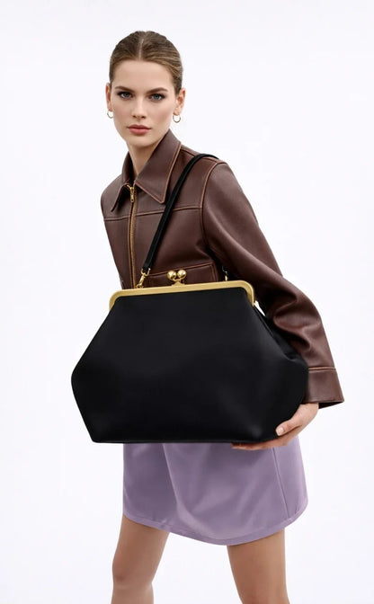 2026 Retro Leather & Straw Woven Bag – Kiss Lock Frame Shell Clutch, Large Capacity Shoulder Tote for Commute Beach Evening