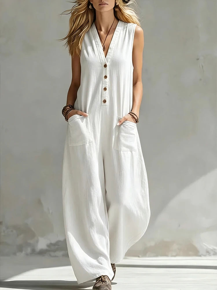 Women Casual Sleeveless V Neck Jumpsuit Button Wide Leg Cotton Linen Long Pants Romper Loose Baggy Summer Streetwear Outfits