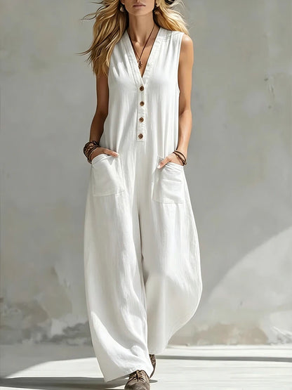 Women Casual Sleeveless V Neck Jumpsuit Button Wide Leg Cotton Linen Long Pants Romper Loose Baggy Summer Streetwear Outfits