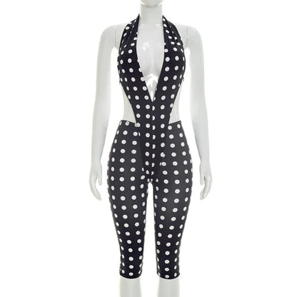 FLARORA Sexy Polka Dot Print Jumpsuits Woman Hipster Halter Sleeveless Backless Hollow Skinny Jumpsuit Hottie Party Streetwear