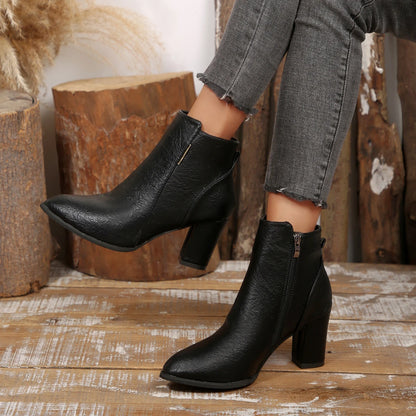 2025 Winter New Women's Fashion Boots with Side Zipper Short Sleeve Elegant Pointed Coarse Heel Women's Shoes