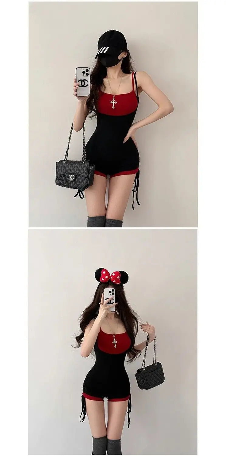 American Style Street Hot Girl Sexy Suspender Jumpsuit Shorts Color Blocked Fake Two-piece Design Sense Fitness Yoga Jumpsuit