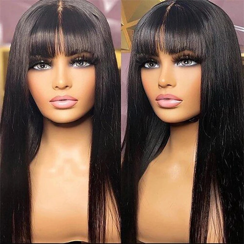 38 inch Straight Lace Front Wig With Bangs Fringe Human Hair Wigs 360 HD Full Lace Frontal Wig With Bang On Sale Clearance Cheap