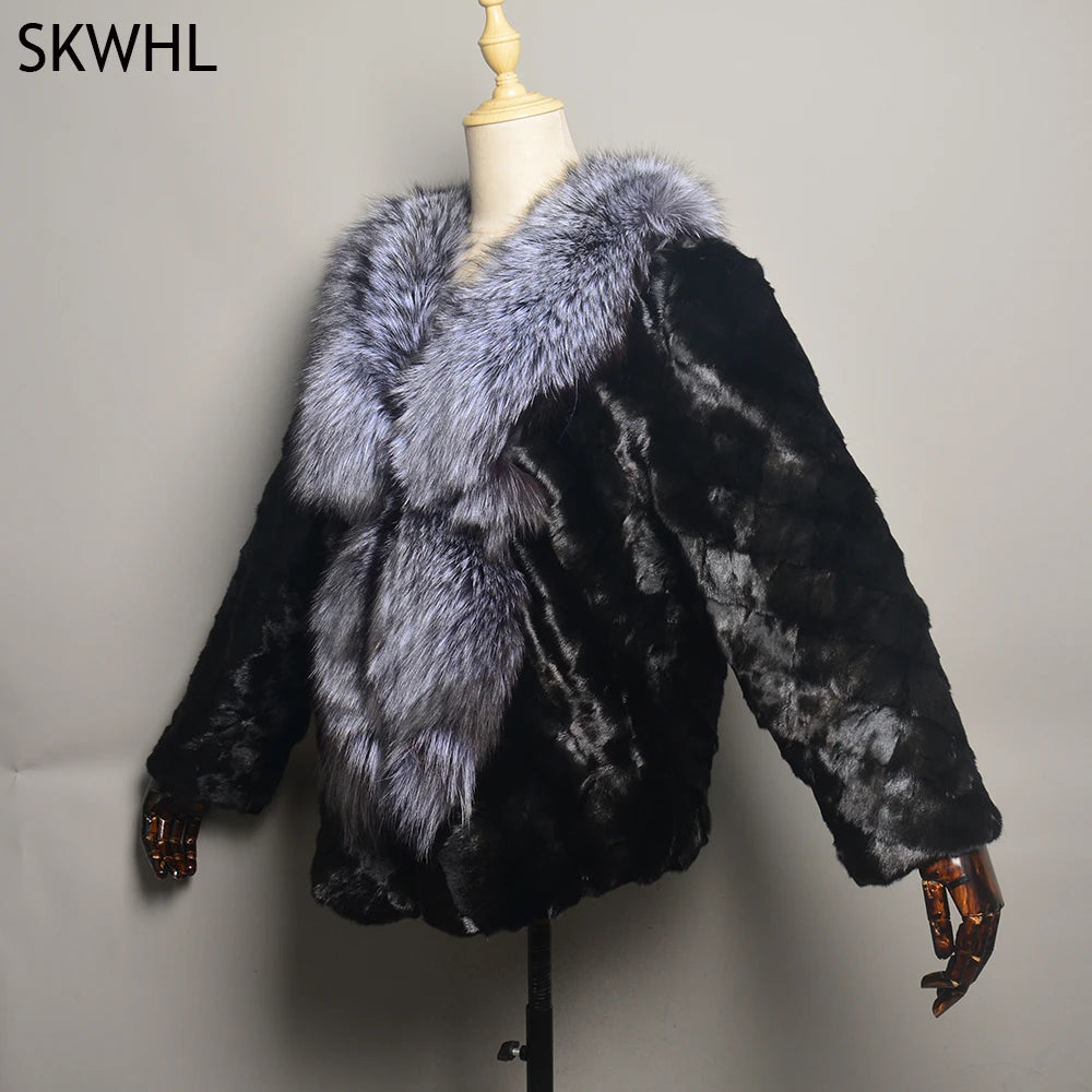 New Real Genuine Natural Mink Fur Coat With Fox Fur Collar Women's Fashion Knit Jacket Cape Lady Winter Real Mink Fur coat