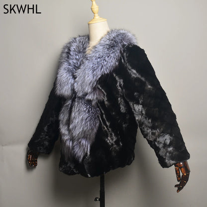 New Real Genuine Natural Mink Fur Coat With Fox Fur Collar Women's Fashion Knit Jacket Cape Lady Winter Real Mink Fur coat