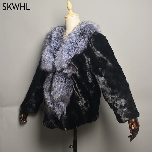New Real Genuine Natural Mink Fur Coat With Fox Fur Collar Women's Fashion Knit Jacket Cape Lady Winter Real Mink Fur coat