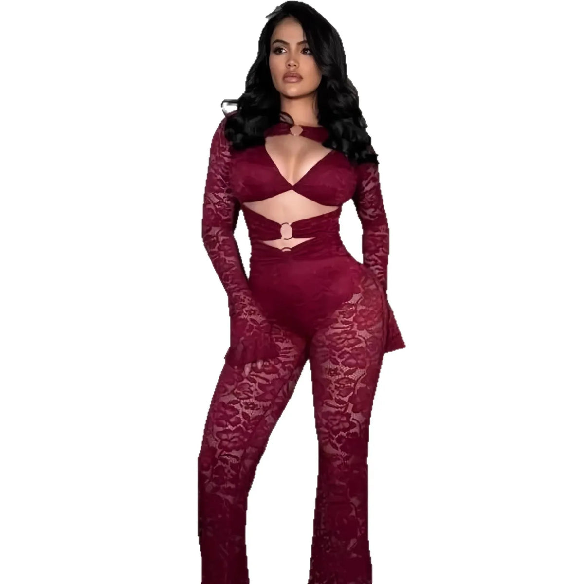 Sexy Deep V Ring Buckle Strap Flared Sleeve Bodycon Jumpsuits for Party Evening Dress