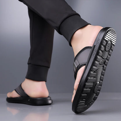New Trend Men's Flip Flops Leather Beach Sandals Quick Dry Water Shoes Non Slip Summer Slippers Outdoor Slides Walking Sandalias
