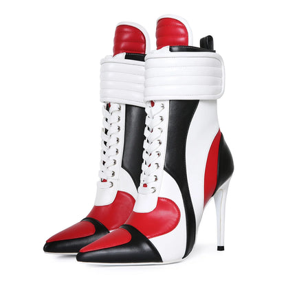 Women's Music Festival Color Blocked Pointed Sports Style Stiletto High Heels Short Boots Fashion Large 44 Women's Short Boots