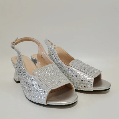 Hot Selling Blue Mid Heel Women Crystal Design Sandal with Rhinestone Bag Set For Lady Party Rhinestone Sandal Shoes F1207-3