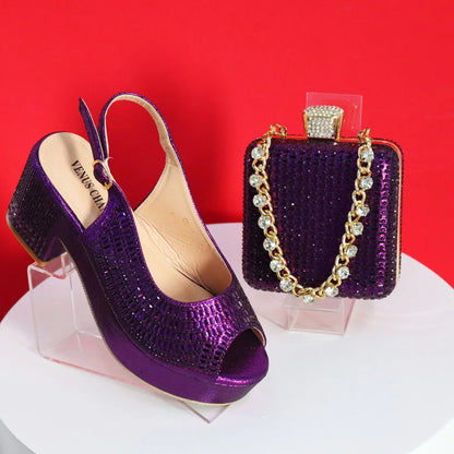 High Heels 2024 Women's Purple Luxury Designer Split Square Toe Rhinestone Wedding Shoes and Wedding Set