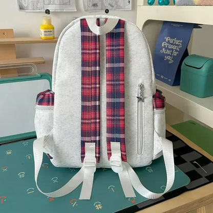 Preppy Style Blue Backpack for Girls, Plaid Spliced School Bag, Cute Nylon Daypack Star Pendant, Large Capacity Student Rucksack