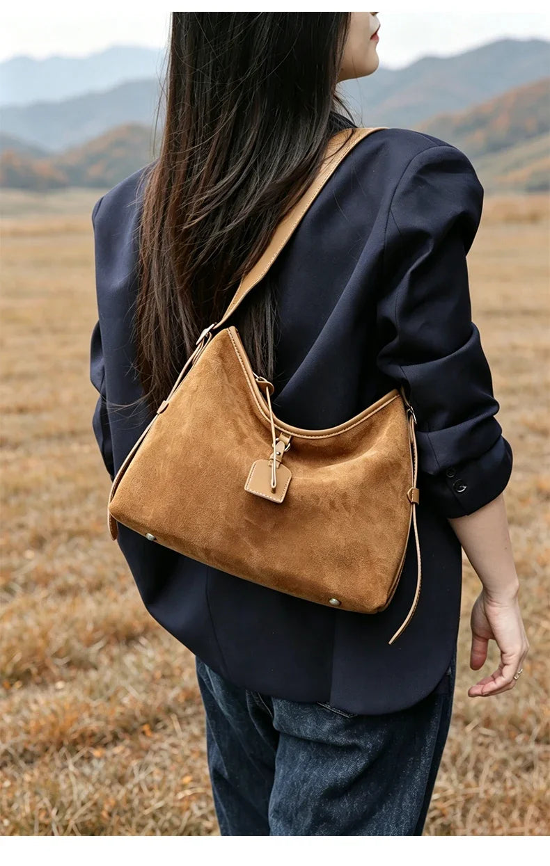 Winter Women's Natural Suede Leather Classic Underarm Bag Female Soft Cowhide Durable Handbags Ladies Luxury Designer Bags