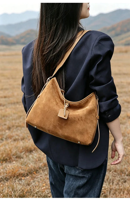 Winter Women's Natural Suede Leather Classic Underarm Bag Female Soft Cowhide Durable Handbags Ladies Luxury Designer Bags