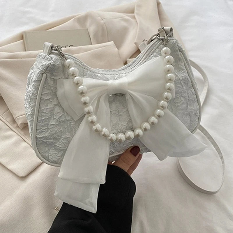 White Folds Pearl Female Bag Retro Luxury Designer Handbag Bow Crossbody Bags Fashion Y2K Vintage Women's Shoulder Bag Purses
