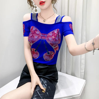 High Quality Elasticity Clothes Fashion T-Shirts Women's Sexy Off Shoulder Shiny Diamonds Mesh Tops Summer Tees Shirt