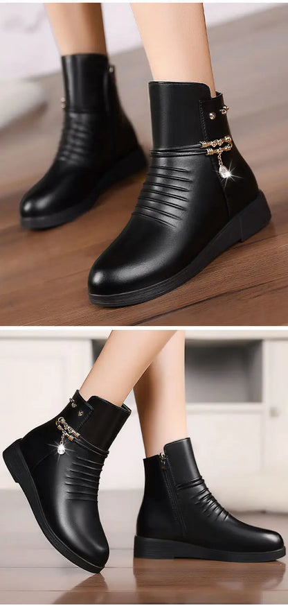 Leather Women Boots 2024 Winter Thick Wool Lined Genuine Leather Women Snow Boots Large Size Women Winter Shoes