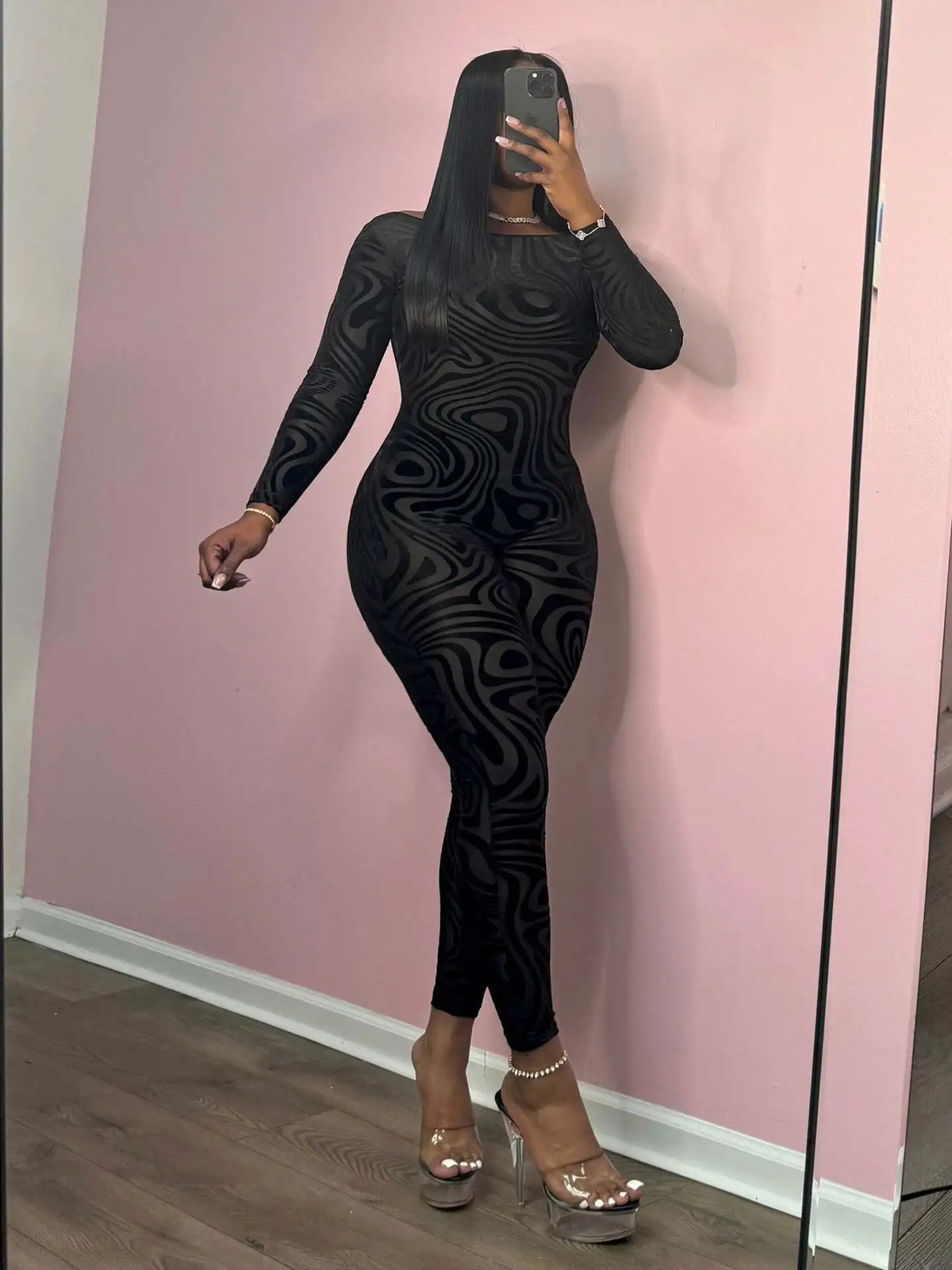 FAGADOER Spring New Sexy Jumpsuit Women Black Printing Mesh Backless Bodycon Rompers Fashion Female Streetwear Overalls 2025