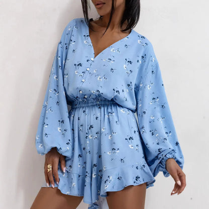 Fashion Print Jumpsuit V-neck Buttons Long Sleeves High Waist Spliced ruffle Slim Shorts Jumpsuits For Women Spring New Style