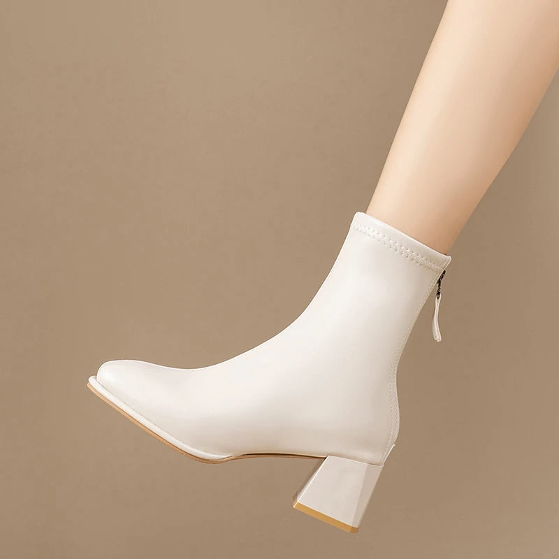 High-quality square-toe platform short boots for ladies, 2025 new fashion trend Wide heel, back zipper, large size women's boots