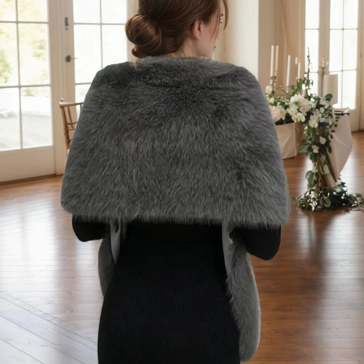 A Handmade Polyester Faux Fox Fur Women's Fashion Shawl for Weddings, Parties, and Gatherings, a Warm and Stylish Accessory