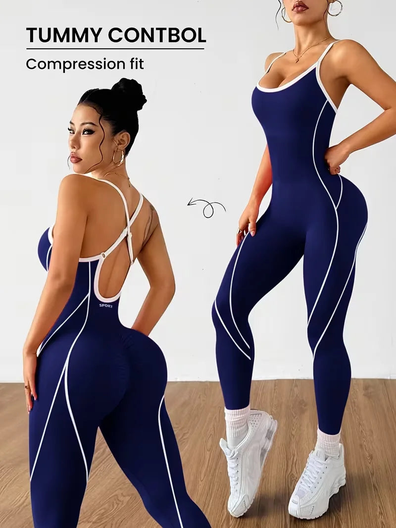 Women Contrast Piping Yoga Jumpsuit Thin Strap Open Back One Piece Workout Bodysuit High Elastic Slim Fitness Gym Sports Rompers