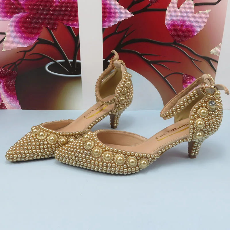 Champagne Pearl Wedding Bridal Shoes Woman Fashion Thin Heel Party Dress Shoe Lace-up Pointed Toe High Handmade Ankle Strap Shoe