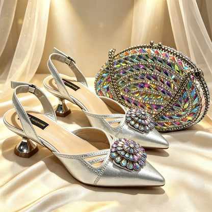 New Shoes and Bags Matching Set Nigerian Women Heel Party for Women green Colour Italian Design Wedding INS Design