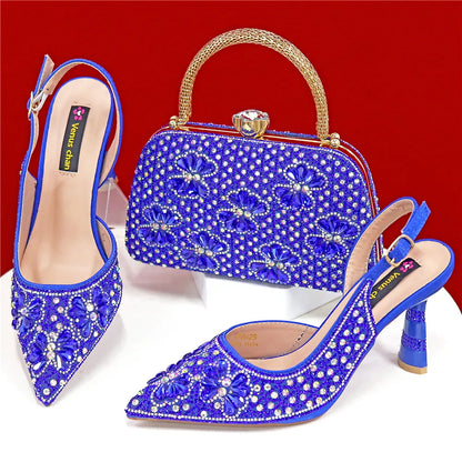 Luxury Handmade Flowers Shoes and Clutch for Women- Nigerian Style Elegant Crystal Heels with Matching Evening Bags