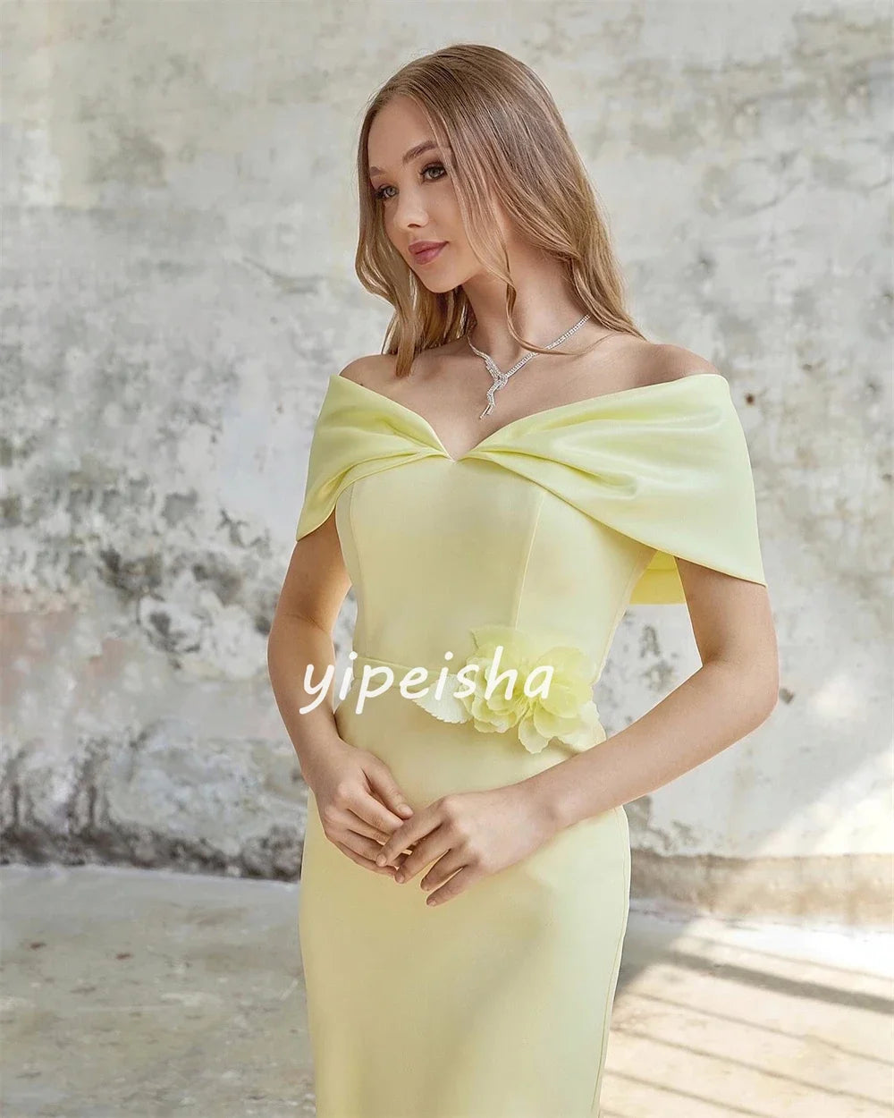 Customized Jersey Flower Ruched Evening A-line Off-the-shoulder Bespoke Occasion Gown Midi Dresses