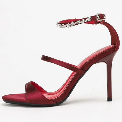 Luxury Rhinestone Satin Elegant High Heels Women Ankle Buckle Open Toe Fashion Sandals Female Designer Wedding Dress Shoes Party