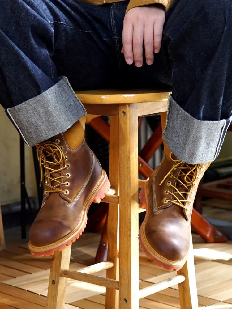 New Men Fashion Cow Suede Leather Round Toe Patchwork Comfortable Mid Heel Shoes Work Lace Up Male Handmade Wear Resistant Boots