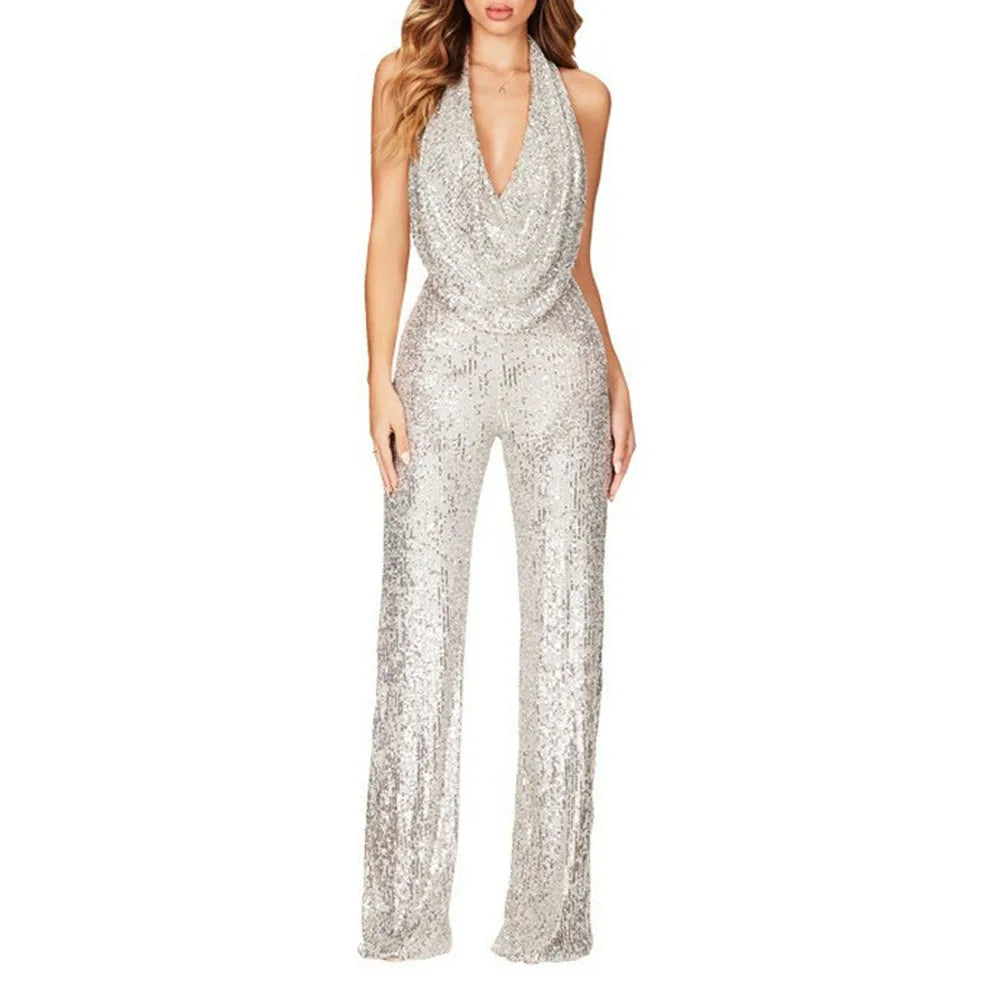 Elegant Halter Sleeveless Straight Playsuits Women Sexy Glitter Sequin Club Party Jumpsuits Summer Women Fashion Backless Romper