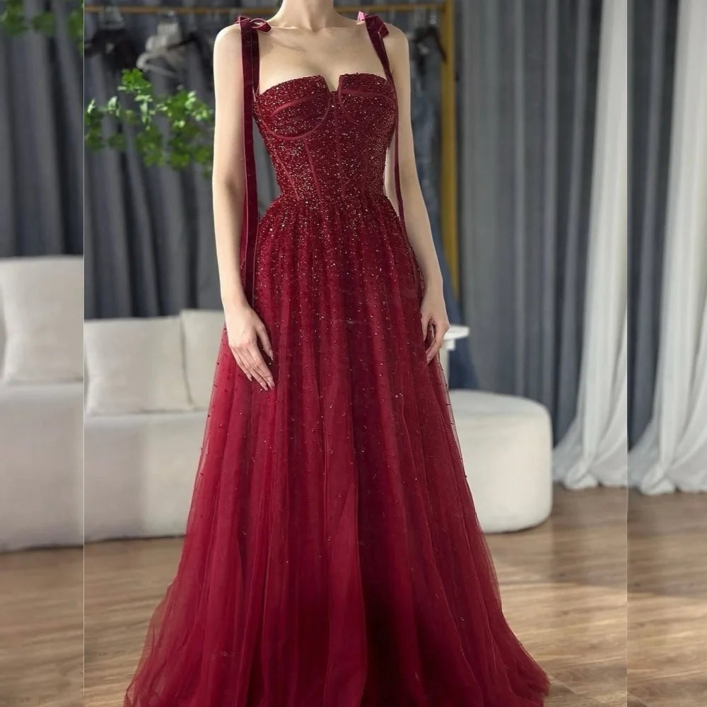 Customized Modern Style Net Sequined Pleat A-line Square Neck Long Dresses Bespoke Occasion Sparkle Casual
