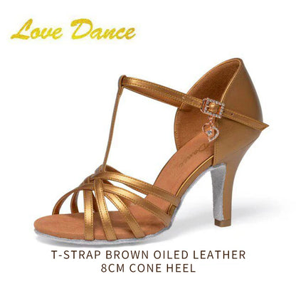 UK Latin Dance Women's Medium-Heel Latin Shoes Brown Oiled Leather Soft Indoor Sole for Competition Daily Practice