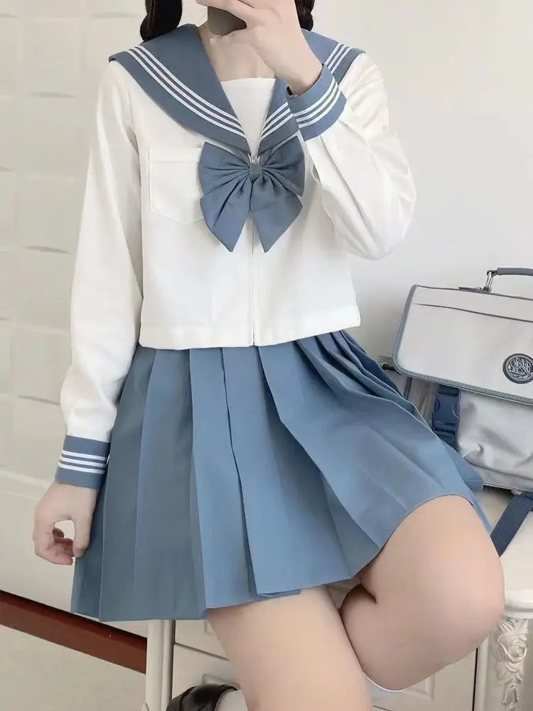 Blue JK Uniform Summer long Sleeve Japanese School Uniforms Girls Sailor Sets Pleated Skirt JK Uniform Costume