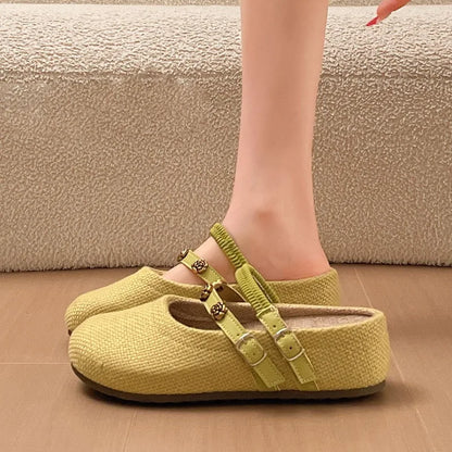 Women's Woven Mary Jane Mules Flat Round Toe Slip-On Shoes with Buckle Straps and Rose Hardware Casual Balletcore Summer Sandals