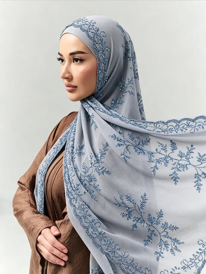 Luxury Sequin Floral Hijab Shimmer Shawl Glitter Shiny Headscarf Elegant Muslim Head Scarf for Wedding Soft Flowy Lace Edge