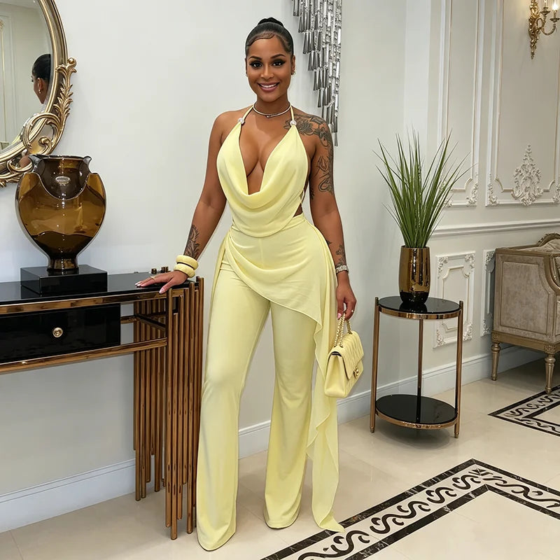 Fake two piece chiffon spliced hanging neck strap and ribbon jumpsuit pants